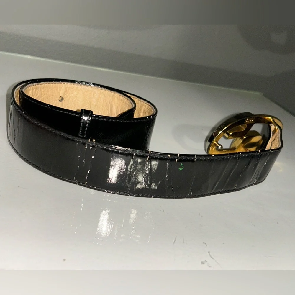 Vintage Gucci Black Patent Leather Belt w/ Gold & Silver GG Buckle size 26